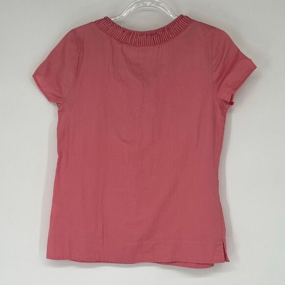 TALBOTS Women’s Top S Pink Keyhole Neck Short Sleeve 100% Cotton Blouse Pleated - Picture 9 of 12